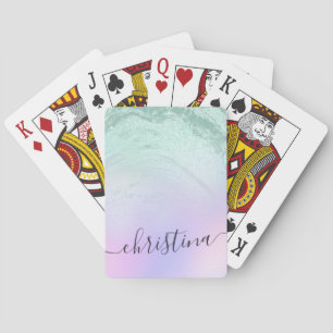 Elegant modern gradient mint green glitter purple playing cards
