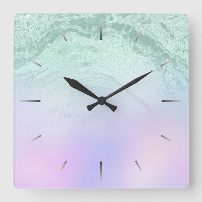 Elegant modern gradient mint green glitter purple square wall clock (Front)