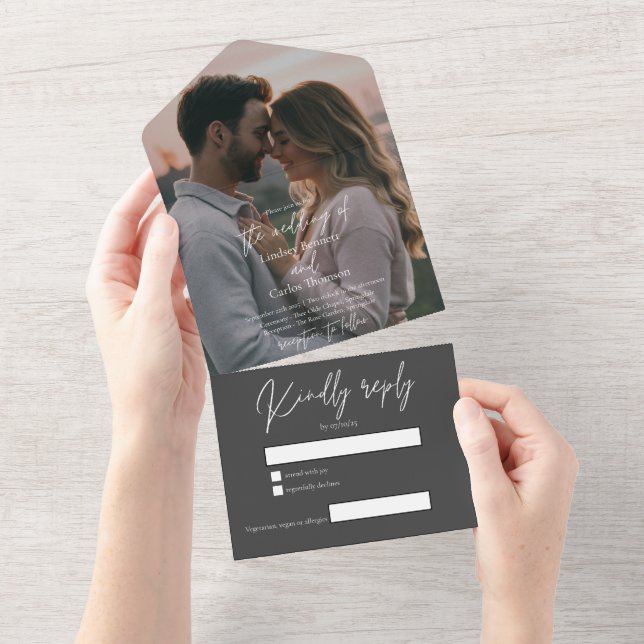 Elegant modern gray wedding photo with RSVP All In One Invitation (Tearaway)