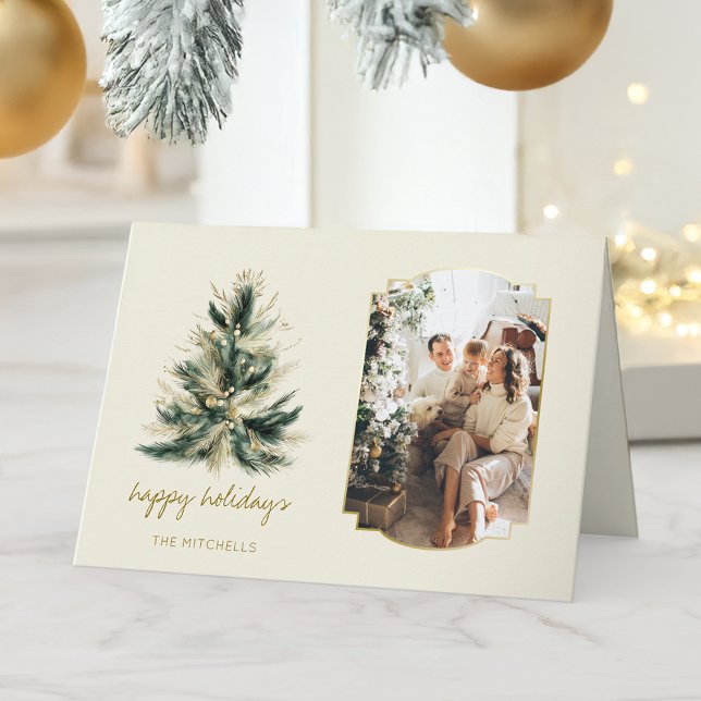 Elegant Modern Green and Gold Christmas Tree Photo Card (Creator Uploaded)