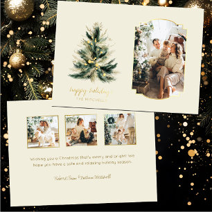 Elegant Modern Green and Gold Christmas Tree Photo Foil Holiday Card