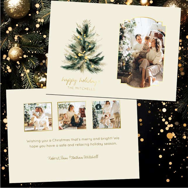 Elegant Modern Green and Gold Christmas Tree Photo Foil Holiday Card (Creator Uploaded)