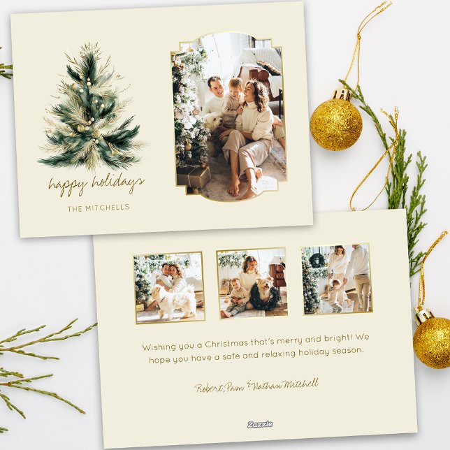 Elegant Modern Green and Gold Christmas Tree Photo Holiday Card (Creator Uploaded)