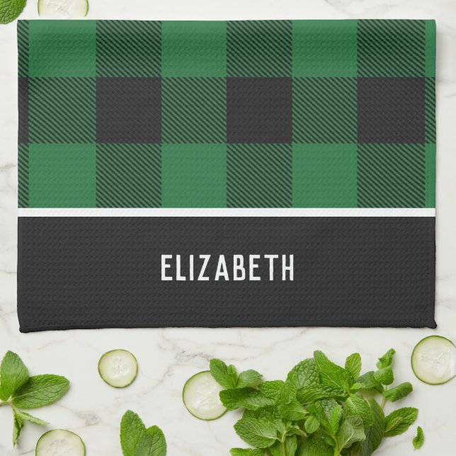 Elegant Modern Green & Black Buffalo Plaid Pattern Tea Towel (Folded)