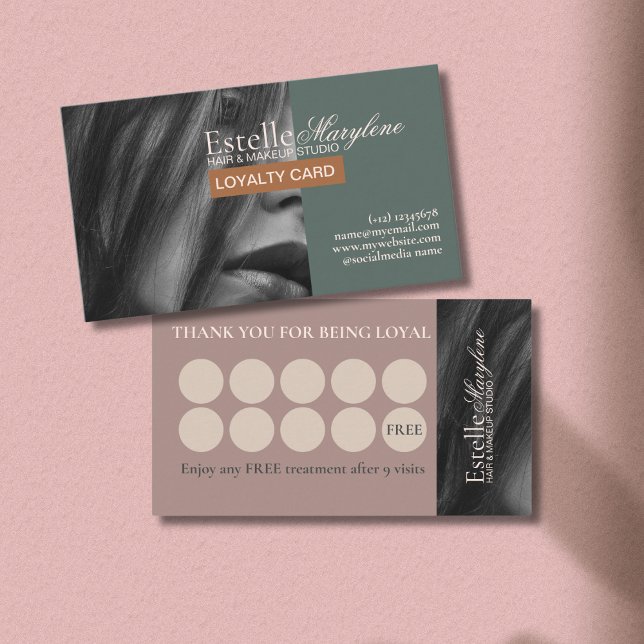 Elegant Modern Green Brown Photo Hair Studio    Loyalty Card (Creator Uploaded)