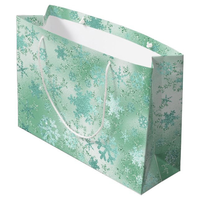 Elegant Modern Green Christmas Snowflake Pattern Large Gift Bag (Back Angled)