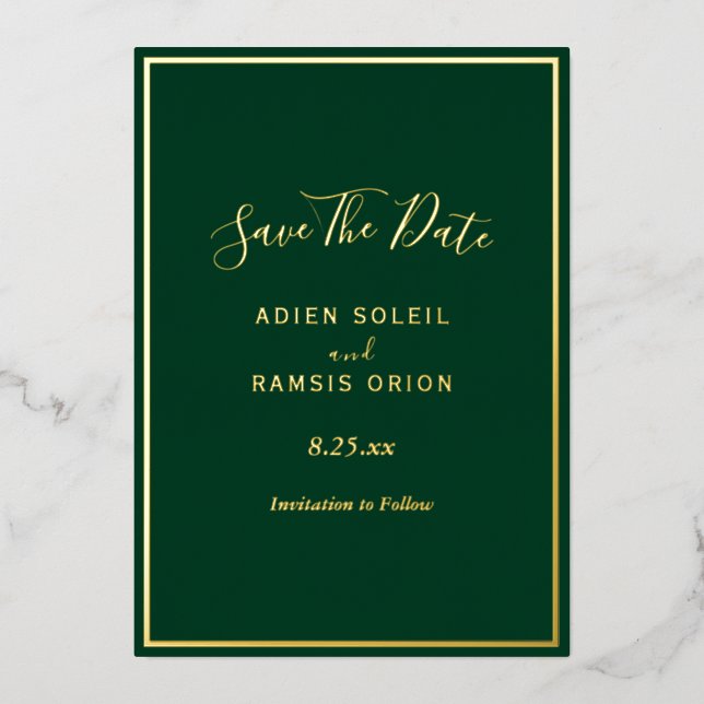 Elegant Modern Green Gold Foil Save The Date Card (Front)