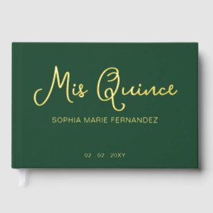Elegant Modern Green Gold Photo Quinceañera Guest Book