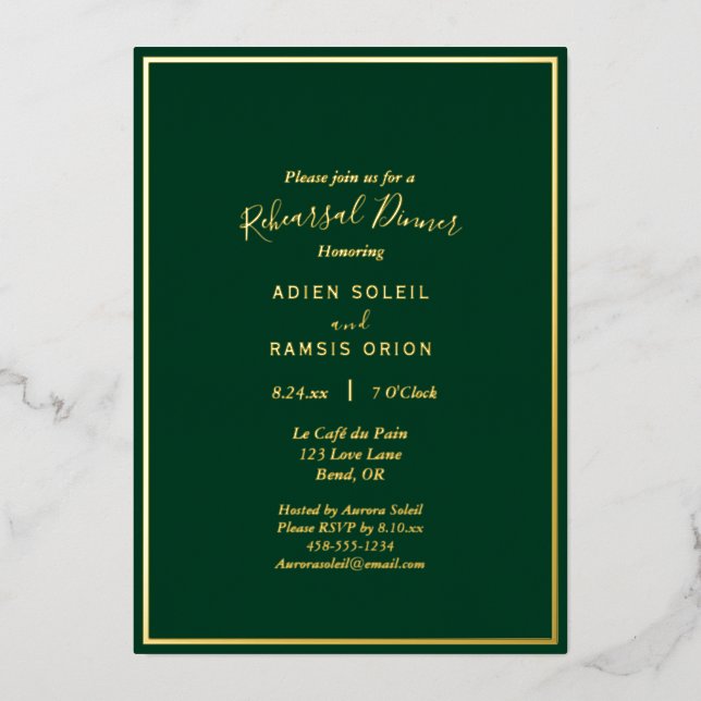 Elegant Modern Green Gold Wedding Rehearsal Dinner (Front)