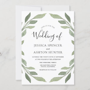 Elegant Modern Green Leaf Wreath Wedding Invite