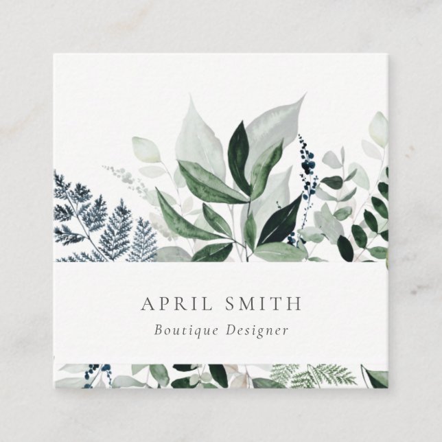Elegant Modern Green Leafy Tropical Foliage Fern Square Business Card (Front)