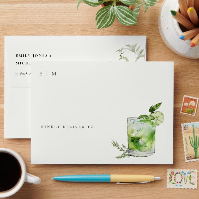 Elegant Modern Green Margarita Cocktail Address Envelope (Desk)