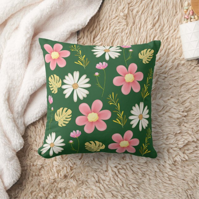 Elegant Modern Green Pink Floral Cushion (Blanket)