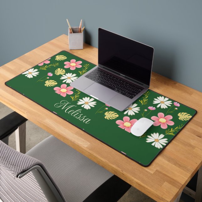 Elegant Modern Green Pink Floral Desk Mat (Office 2)