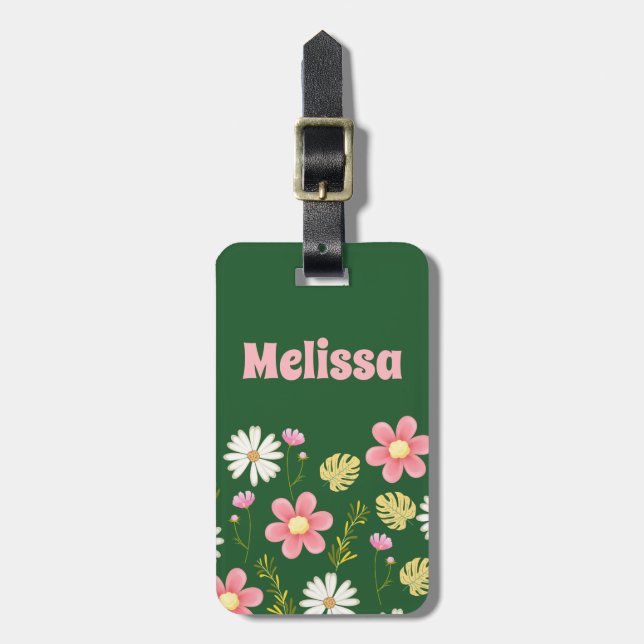 Elegant Modern Green Pink Floral Luggage Tag (Front Vertical)