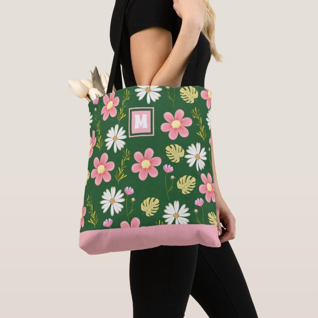 Elegant Modern Green Pink Floral Tote Bag (Close Up)