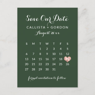 Elegant Modern Green Rose Gold Heart Calendar Announcement Postcard