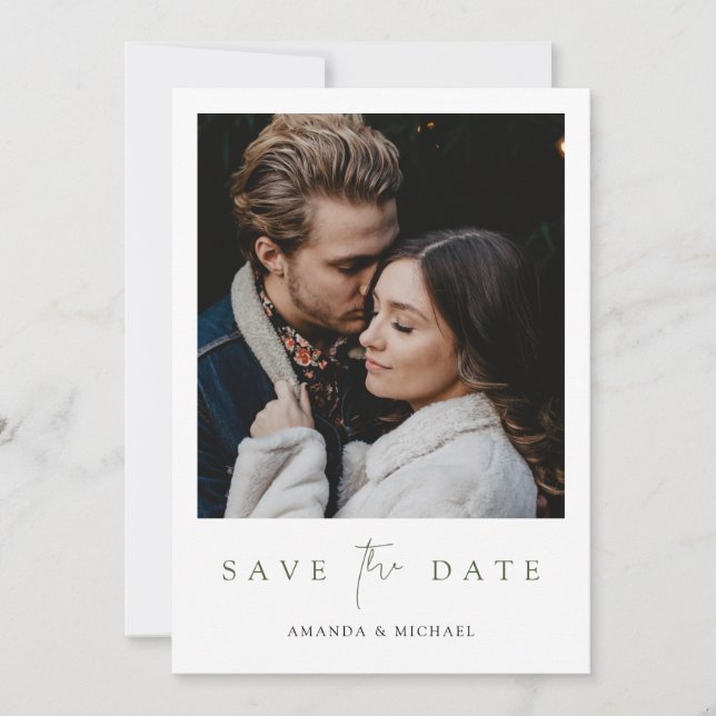 Elegant Modern Green Script Photo Wedding  Save The Date (Front)