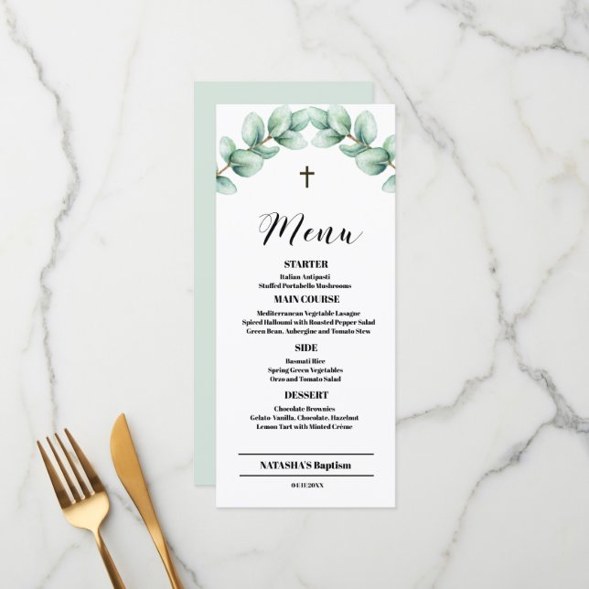 Elegant Modern Greenery Baptism 4x9 flat Menu Card (Front/Back In Situ)