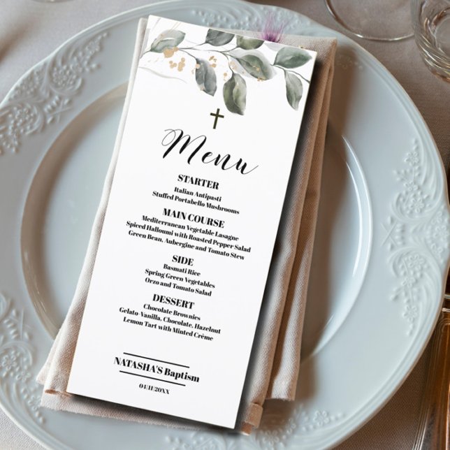 Elegant Modern greenery Baptism 4x9 flat Menu Card (Creator Uploaded)