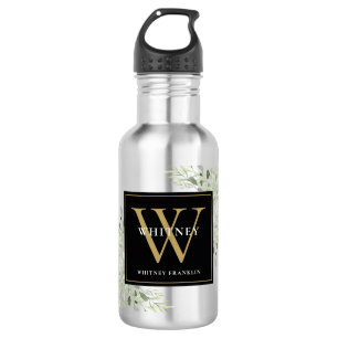Elegant Modern Greenery Black Gold Monogram 532 Ml Water Bottle
