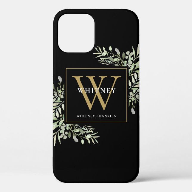 Elegant Modern Greenery Black Gold Monogram  Case-Mate iPhone Case (Back)