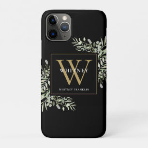 Elegant Modern Greenery Black Gold Monogram  iPhone 11 Pro Case