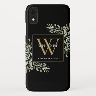 Elegant Modern Greenery Black Gold Monogram  iPhone XR Case