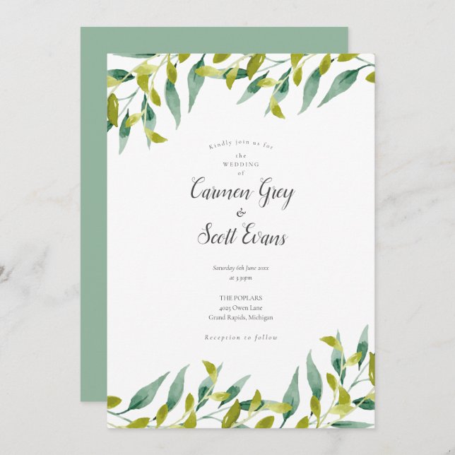 Elegant Modern Greenery Chic Script Wedding Invitation (Front/Back)