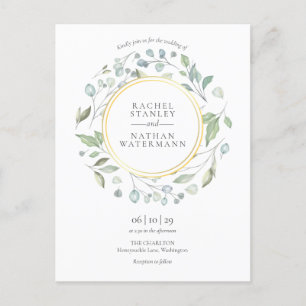 Elegant Modern Greenery Garland Gold Wedding  Invitation Postcard