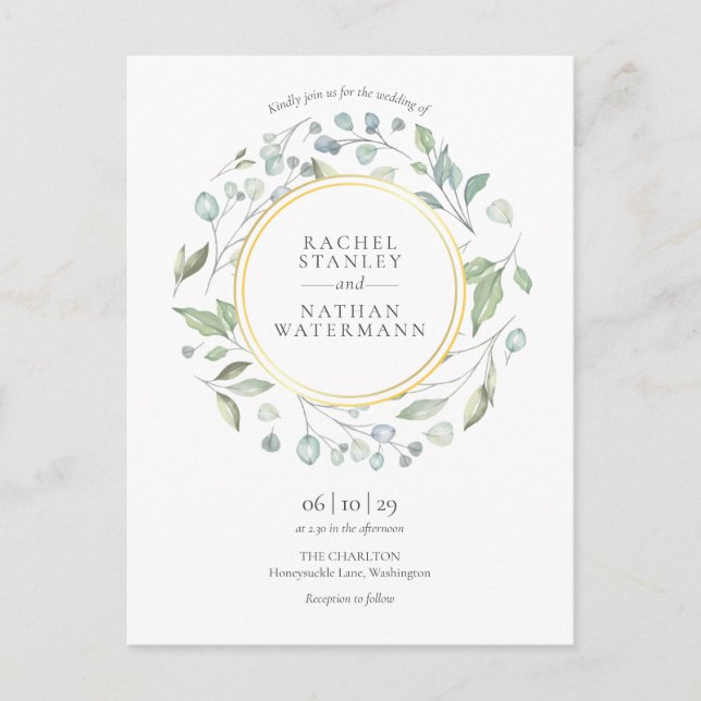 Elegant Modern Greenery Garland Gold Wedding  Invitation Postcard (Front)