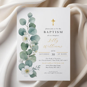 Elegant Modern Greenery Gold Cross Baptism  Invitation