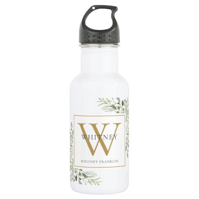 Elegant Modern Greenery Gold Monogram 532 Ml Water Bottle (Front)