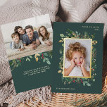 Elegant Modern Greenery | Green with Two Photos Foil Holiday Card<br><div class="desc">These beautiful holiday photo cards say "Peace on Earth" in modern text and feature two of your favourite personal photos. Elegant, modern watercolor greenery with leaves, red berries, and a gold foil centre frame decorate a dark, green background. There is a room for a short personal message on the back....</div>