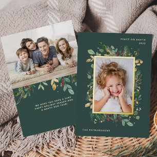 Elegant Modern Greenery Green with Two Photos Foil Holiday Card