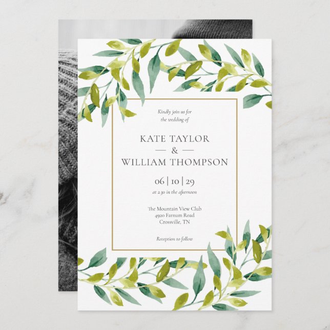 Elegant Modern Greenery Photo Wedding Invitation (Front/Back)