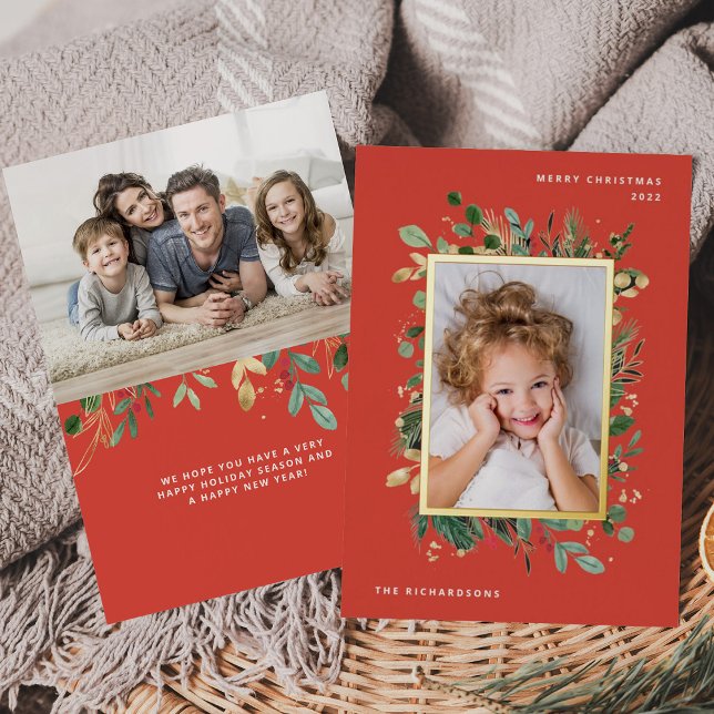 Elegant Modern Greenery | Red with Two Photos Foil Holiday Card (Creator Uploaded)