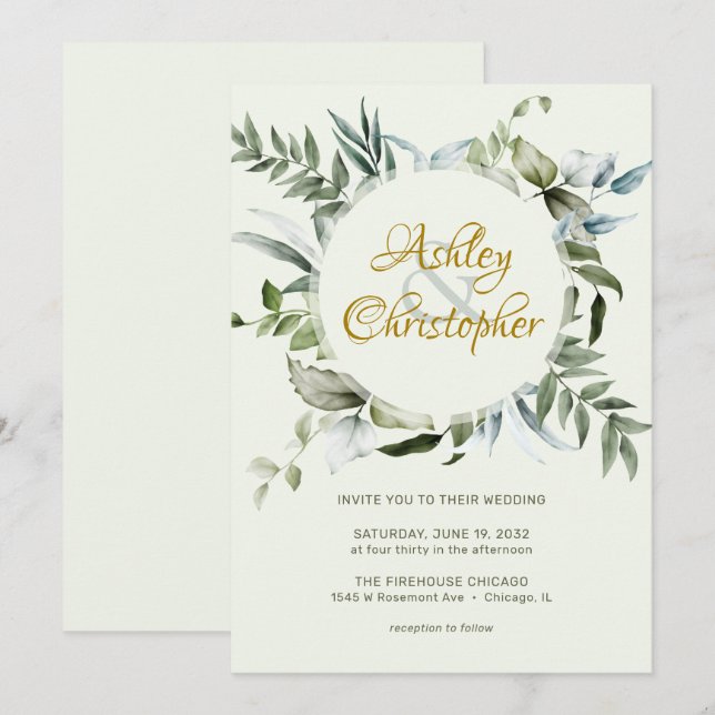 Elegant Modern Greenery Script Wedding Invitation (Front/Back)