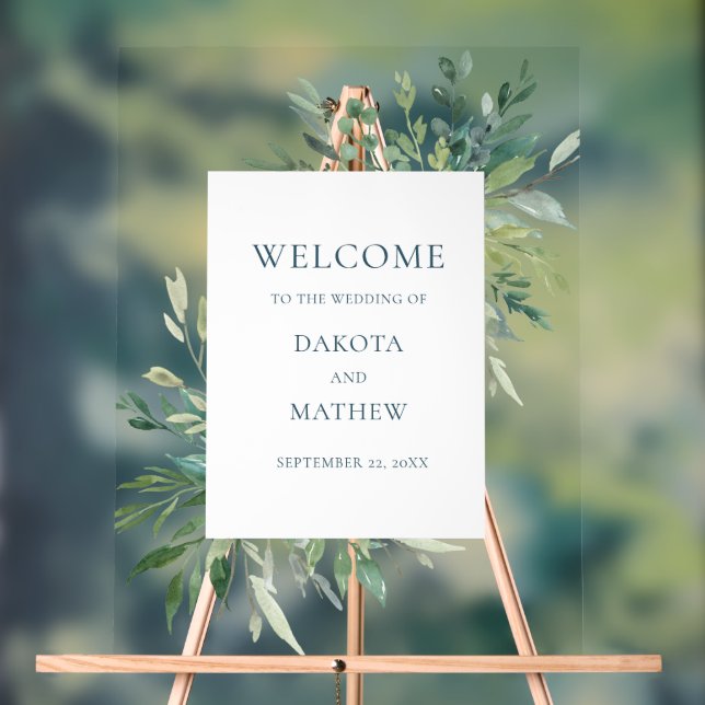 Elegant Modern Greenery Welcome Wedding Acrylic Sign (Neutral)