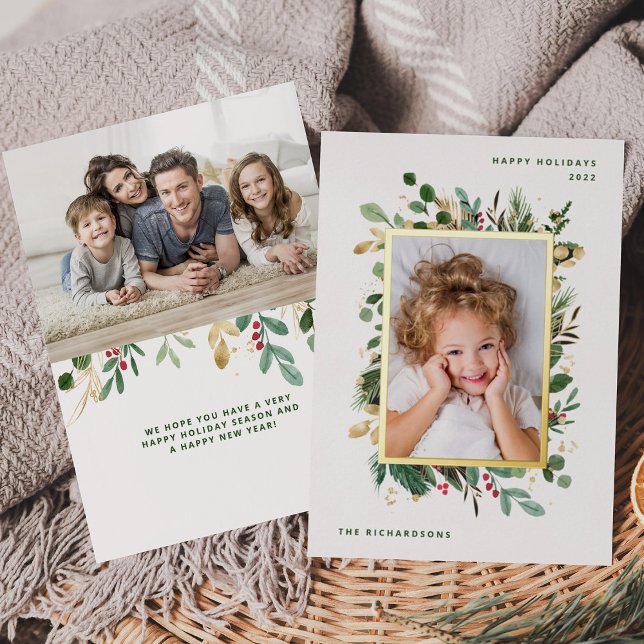 Elegant Modern Greenery | White with Two Photos Foil Holiday Card (Creator Uploaded)