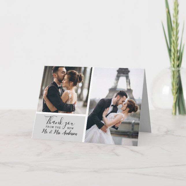 Elegant Modern Grey 2 Photo Collage Wedding Thank You Card (Front)
