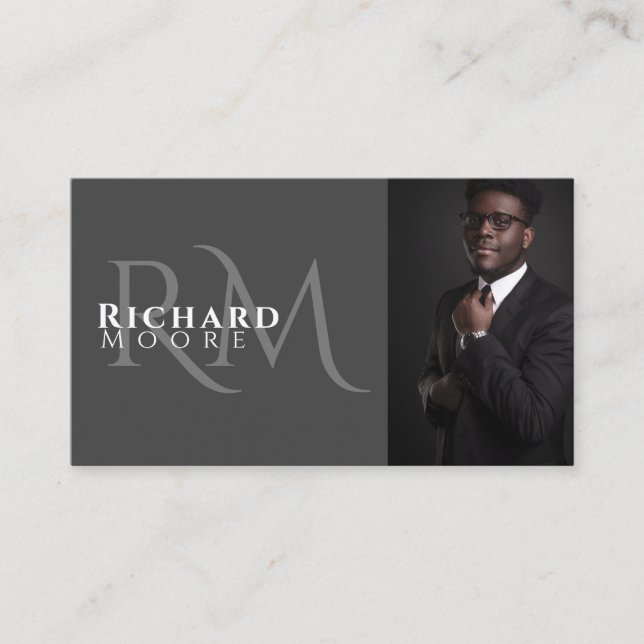 Elegant Modern Grey and White Photo Monogrammed Business Card (Front)