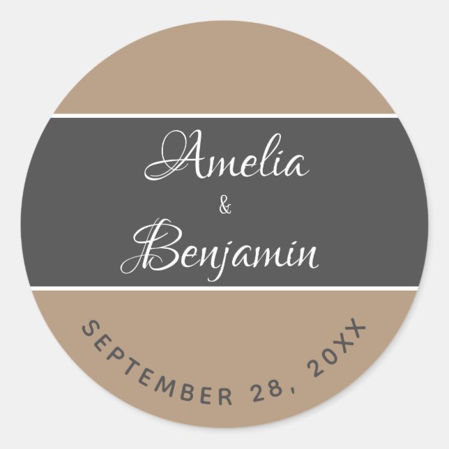 Elegant Modern Grey Beige Typography Wedding Classic Round Sticker (Front)