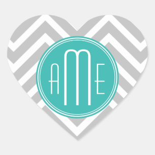 Elegant Modern Grey Chevron and Mint Monogram Heart Sticker