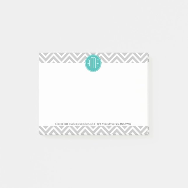 Elegant Modern Grey Chevron and Mint Monogram Post-it Notes (Front)