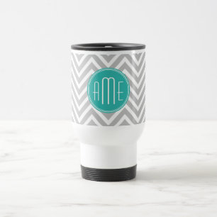 Elegant Modern Grey Chevron and Mint Monogram Travel Mug