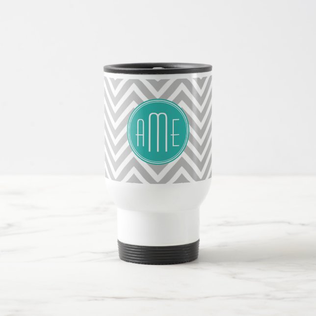 Elegant Modern Grey Chevron and Mint Monogram Travel Mug (Center)
