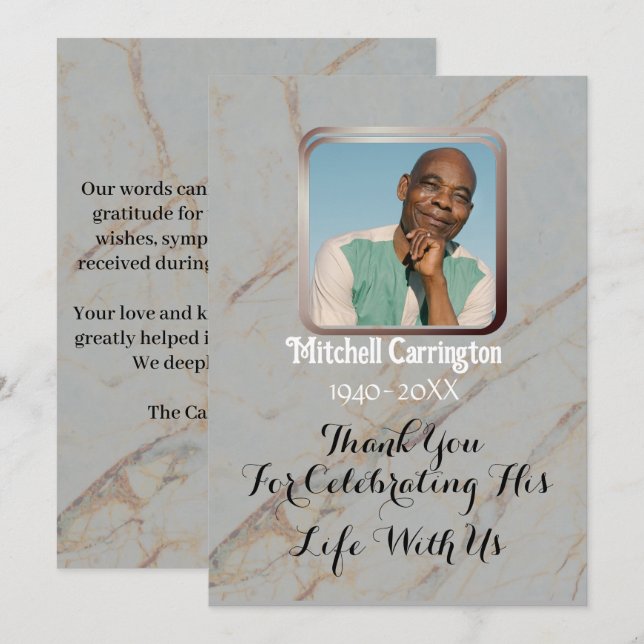 Elegant Modern Grey Marble Memorial Photo Thank You Card (Front/Back)
