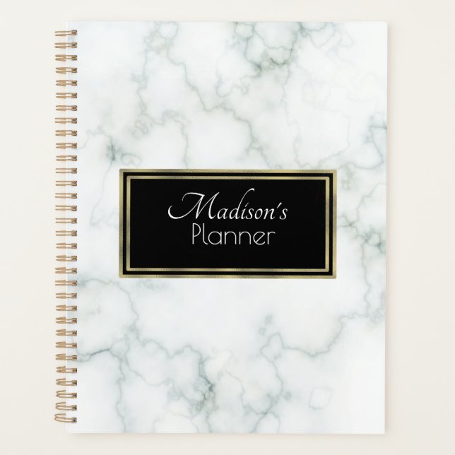 Elegant Modern Grey Marble Name Gold Planner (Front)