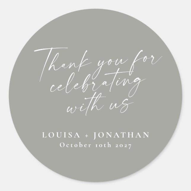 Elegant Modern Grey Trendy Script Custom Thank You Classic Round Sticker (Front)